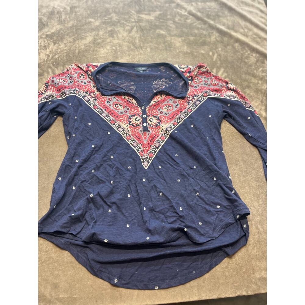 Lucky Brand Blouse Sz Large V-Neck Long Sleeve Bella Boho Tunic Top Blue